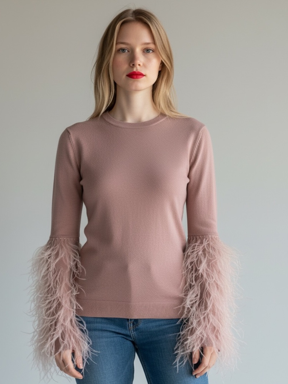 Valentino Feather-Trim Crewneck Sweater in Dusty Rose
